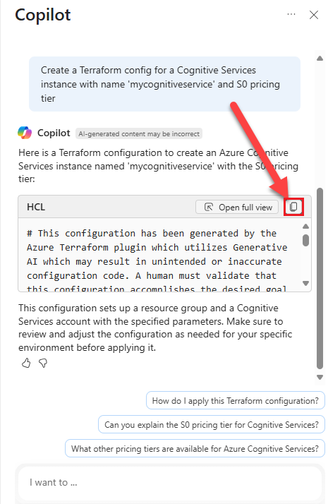 Skärmbild av kopieringsikonen för Azure Copilot.