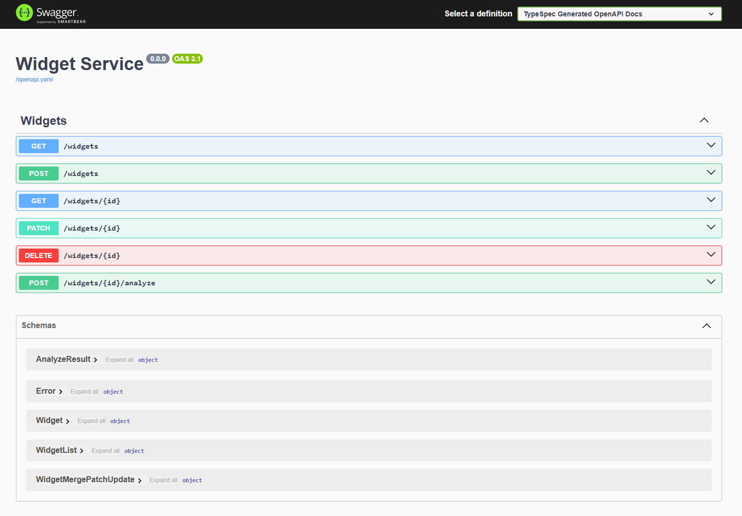En skärmbild som visar Swagger-användargränssnittet med Widgets-API:et.