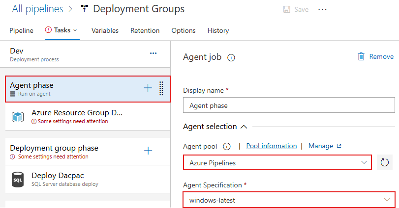 En skärmbild som visar agentfasen i den klassiska versionspipelinen.