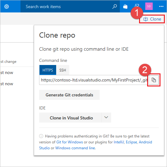 Skärmbild som visar Hämta klon-URL:en.