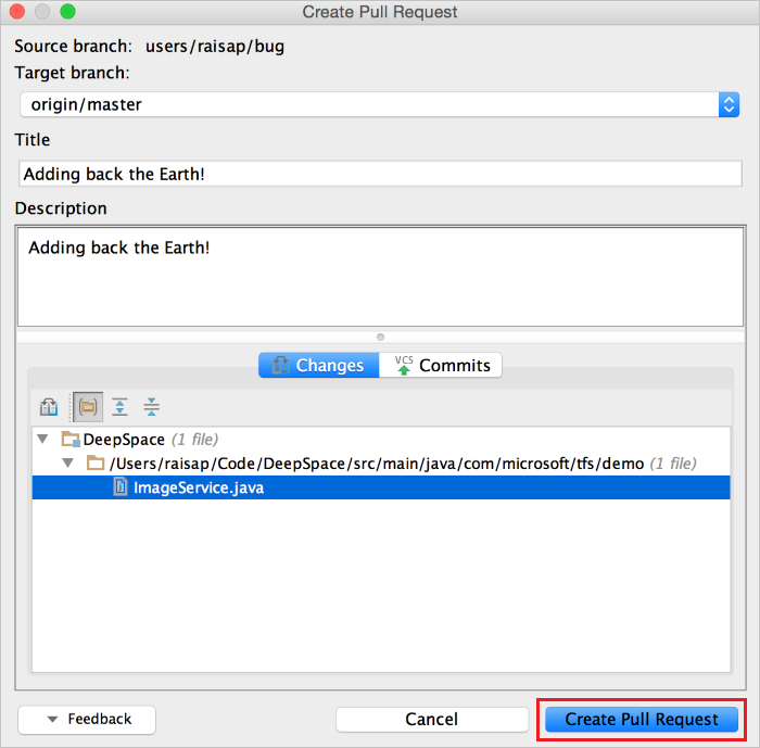 Skärmbild som visar Skapad pull-begäran.