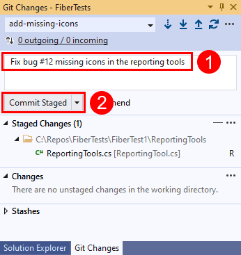 Skärmbild av knappen 'Commit All' i fönstret 'Git Changes' i Visual Studio.