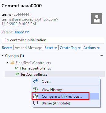 Skärmbild av alternativet 'Jämför med föregående' i 'Commit'-fönstret i Visual Studio.