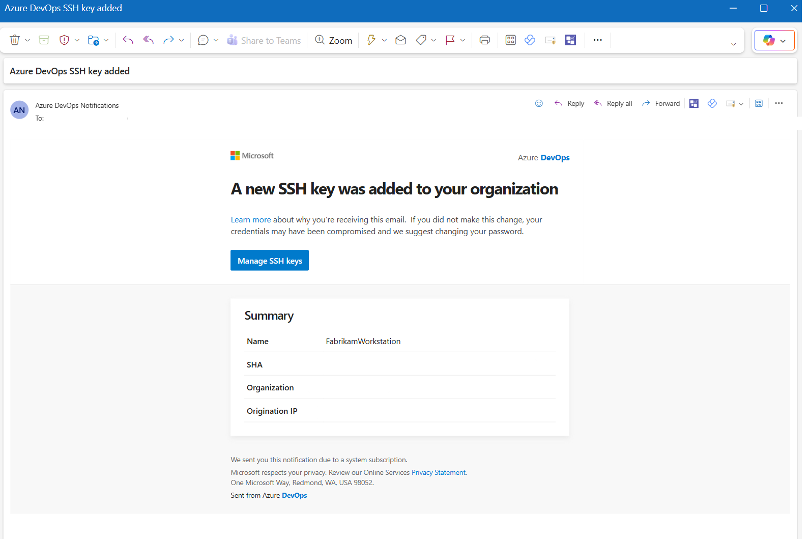 Skärmbild som visar e-postavisering för SSH-nyckel.