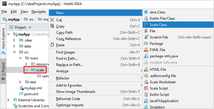 Kommandon för att skapa en Scala-klass från Project.