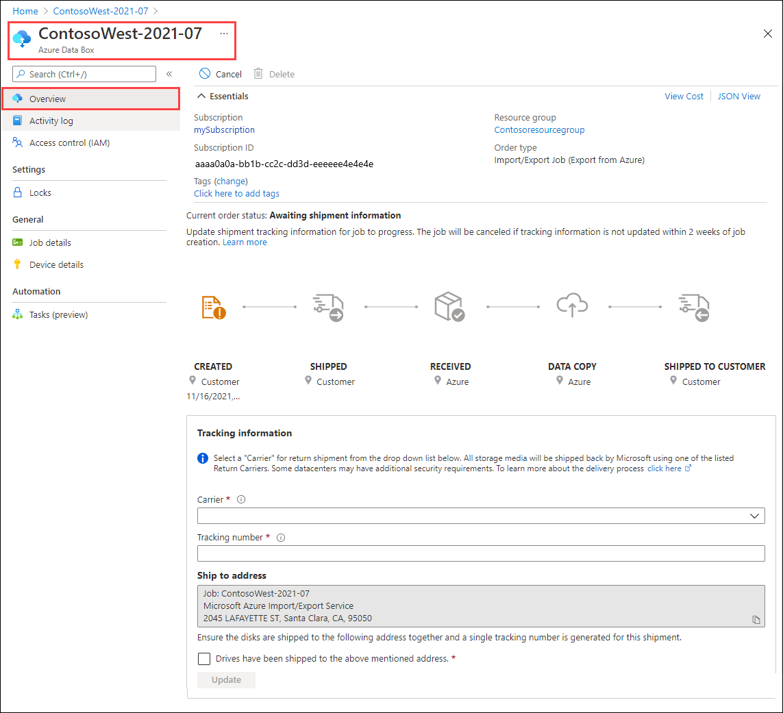 Skärmbild som visar fönstret Översikt för ett Azure Import Export-jobb i tillståndet Skapad i portalen.