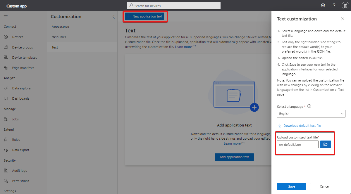 Skärmbild som visar hur du laddar upp en anpassad textfil.