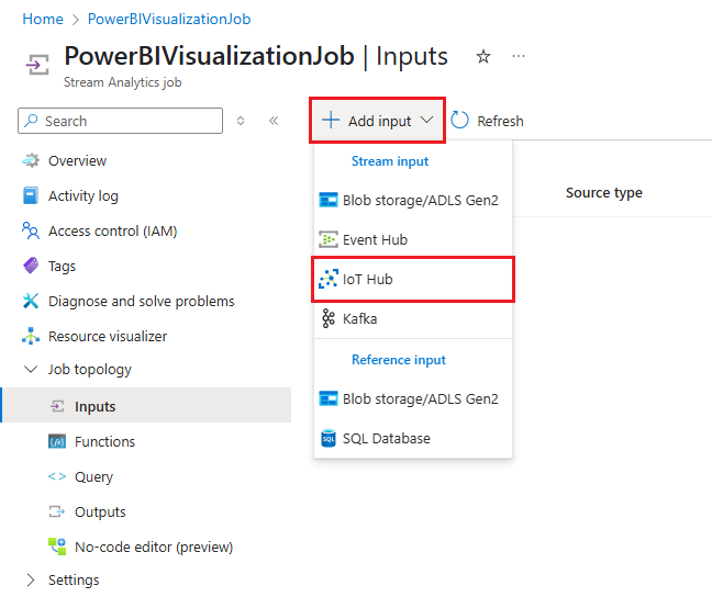 Skärmbild som visar hur du väljer IoT Hub på menyn Lägg till indata.