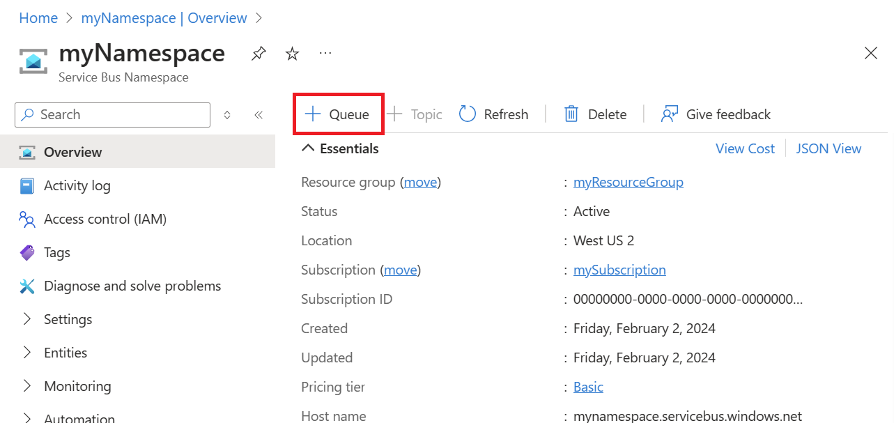 Skärmbild av översiktssidan för namnområdet för att lägga till en kö.
