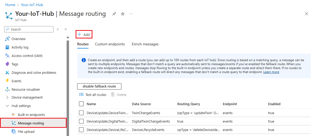 Skärmbild som visar platsen för knappen Lägg till för att lägga till en ny väg i din IoT-hubb.