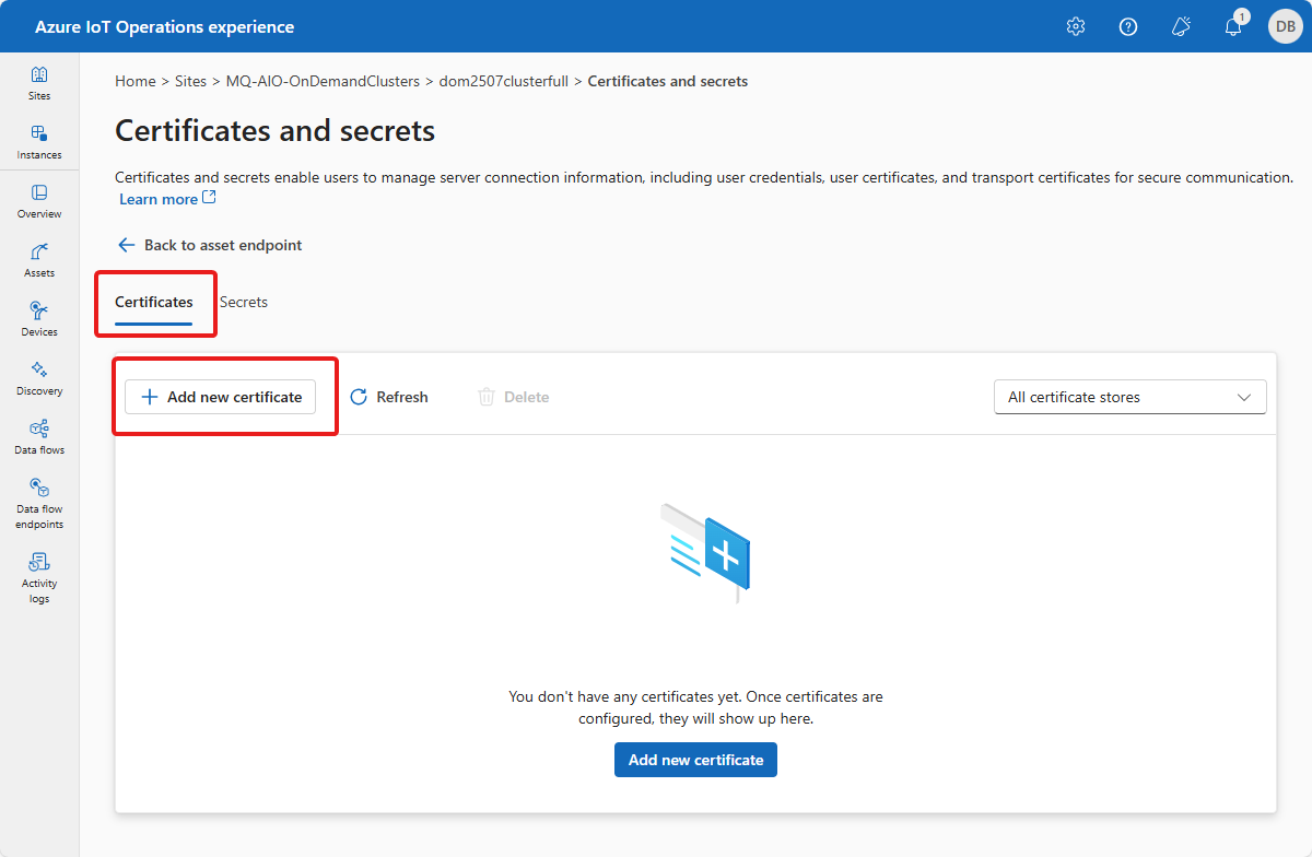 Skärmbild som visar hur du lägger till ett certifikat i listan över betrodda certifikat i driftupplevelsen.