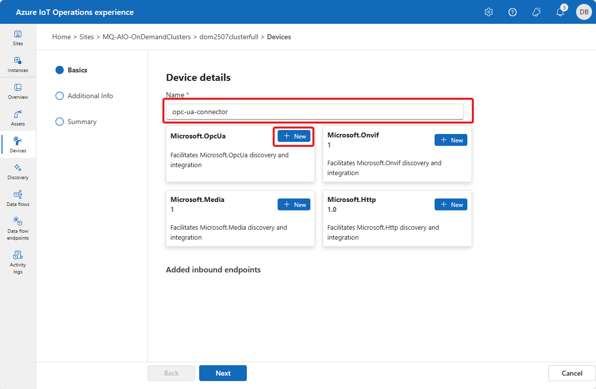 Skärmbild som visar hur du lägger till en enhet i driftupplevelsen.