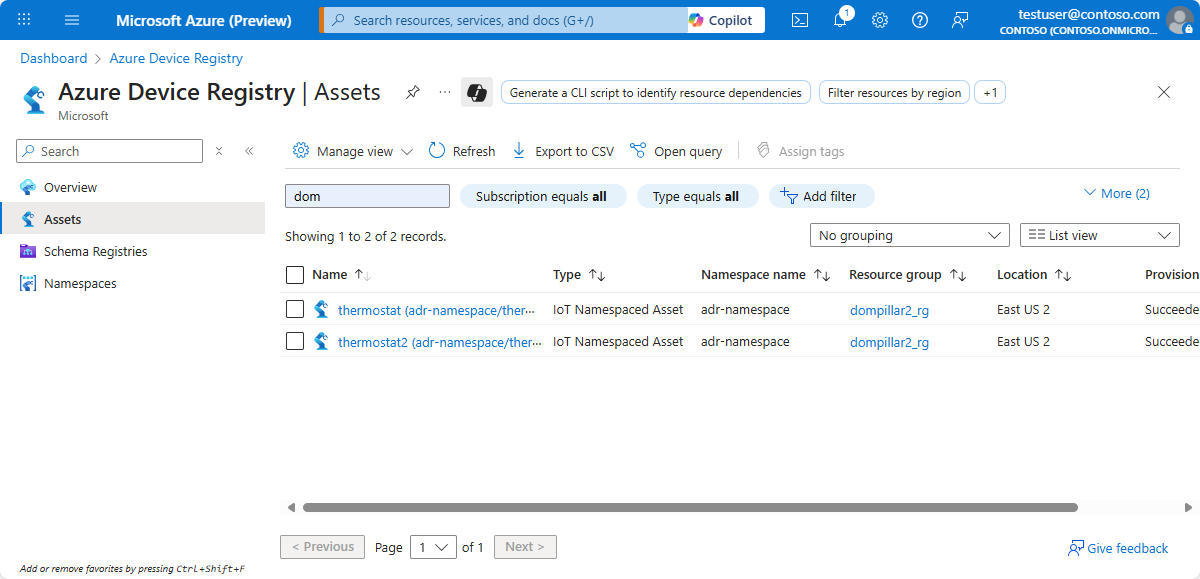 Skärmbild av Azure-portalen som visar Azure Device Registry.