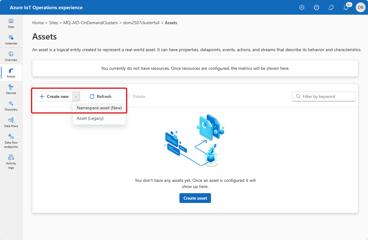 Skärmbild av tom tillgångslista för Azure IoT Operations.