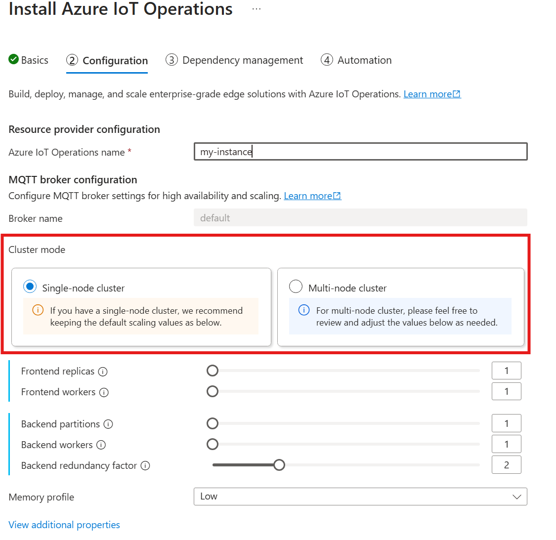 Skärmbild som visar var du väljer installation av en eller flera noder i Azure Portal.