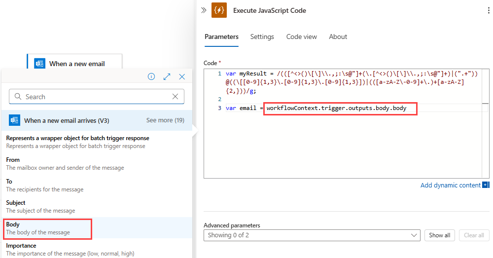 Skärmbild som visar Förbrukningsarbetsflödet, Kör JavaScript-kod-åtgärden, listan med dynamiskt innehåll och e-postmeddelandets egenskap Innehåll markerad.