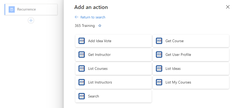 Skärmbild som visar standardarbetsflödesdesignern och 365 Training-anslutningsappen med åtgärder.