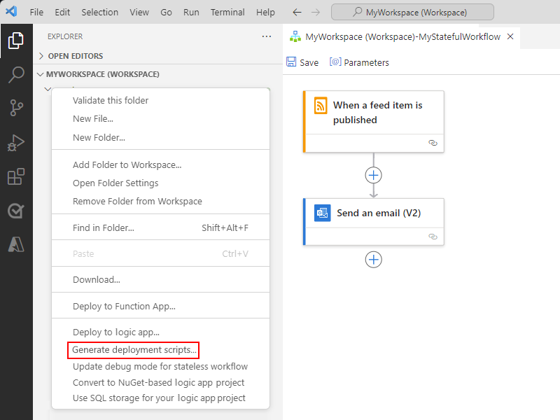Skärmbild som visar Visual Studio Code, Explorer-ikonen markerad på den vänstra menyn, logikappsprojektet, den öppnade snabbmenyn för projektfönstret och det valda alternativet för Generera distributionsskript.