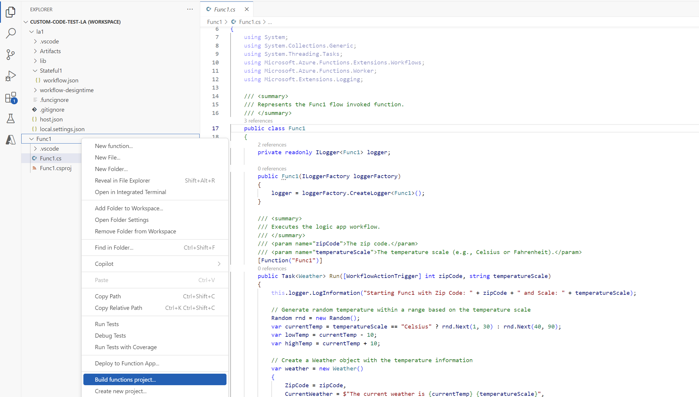 Skärmbild som visar Visual Studio Code, Explorer-fönstret och snabbmenyn för funktionsprojekt med valt alternativ för Projektet Skapa funktioner.