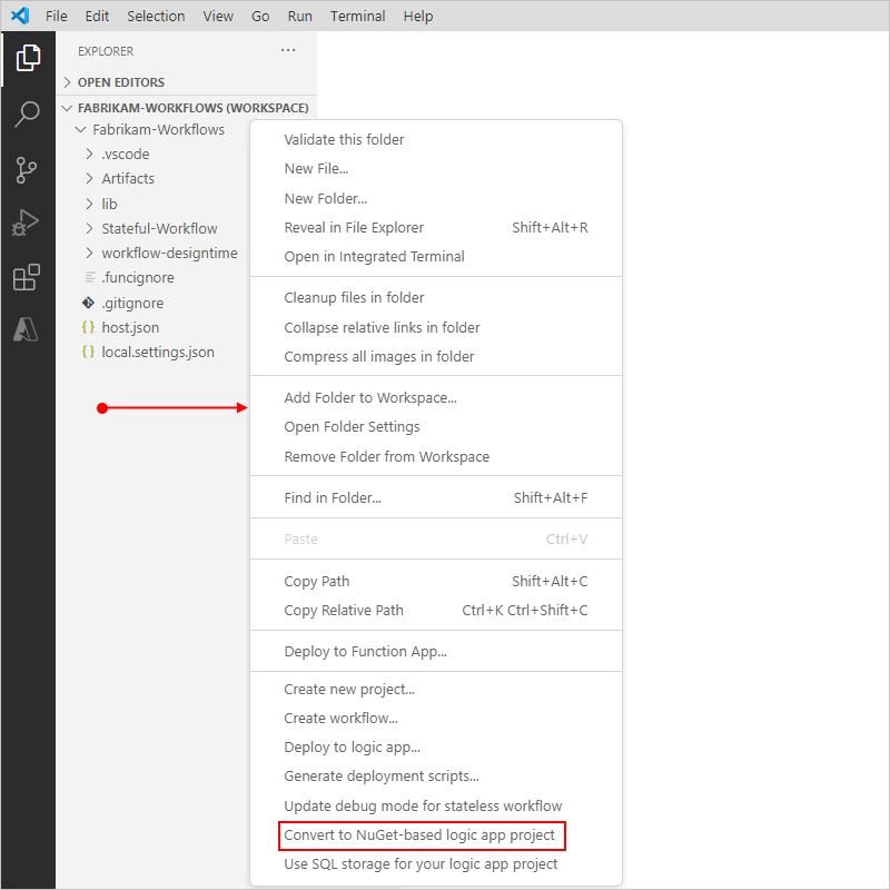 Skärmbild som visar Explorer-fönstret med snabbmenyn projekt som öppnas från ett tomt område under projektet.
