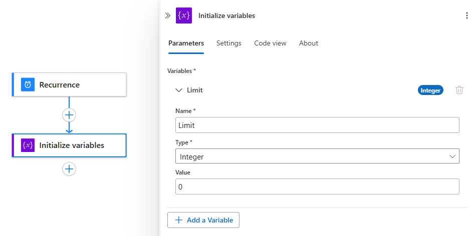 Skärmbild som visar Azure-portalen, arbetsflödesdesignern och den inbyggda åtgärden Med namnet Initiera variabel med parametrar.