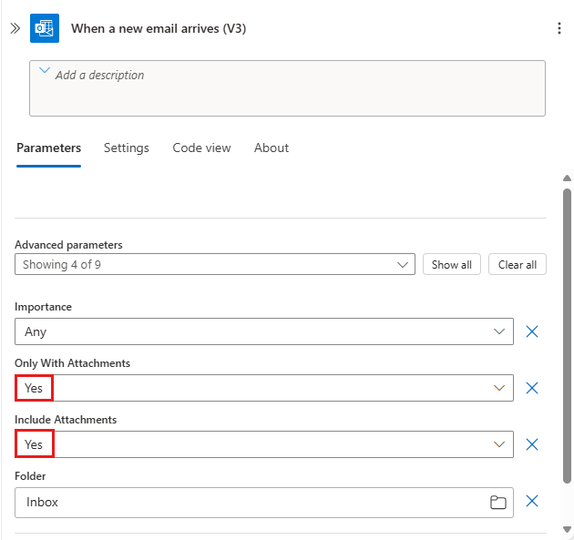 Skärmbild som visar arbetsflödet för Azure-portalen och logikappen med office 365 Outlook-utlösaregenskaper valda för att söka efter och inkludera bifogade filer.