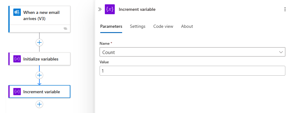 Skärmbild som visar Azure-portalen och ett logikapparbetsflöde med en åtgärd med namnet Inkrementsvariabel.