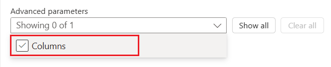 Skärmbild som visar standardarbetsflödet och parametern Kolumner som valts i listan Avancerade parametrar.