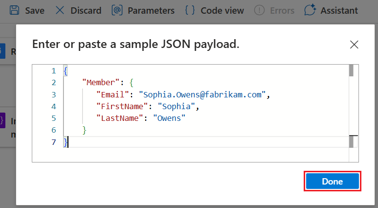 Skärmbild som visar arbetsflöde för förbrukning, åtgärd med namnet Parsa JSON och ruta med namnet Retur eller klistra in en JSON-exempelnyttolast som innehåller JSON-exempel för att generera schemat.