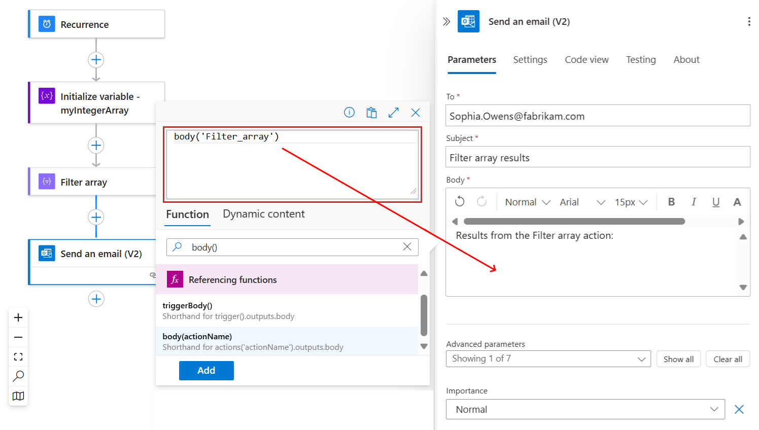 Skärmbild som visar arbetsflödet med åtgärden Skicka ett e-postmeddelande. Egenskapen Body innehåller funktionen body(), som hämtar brödtextinnehållet från föregående åtgärd med namnet Filtermatris.