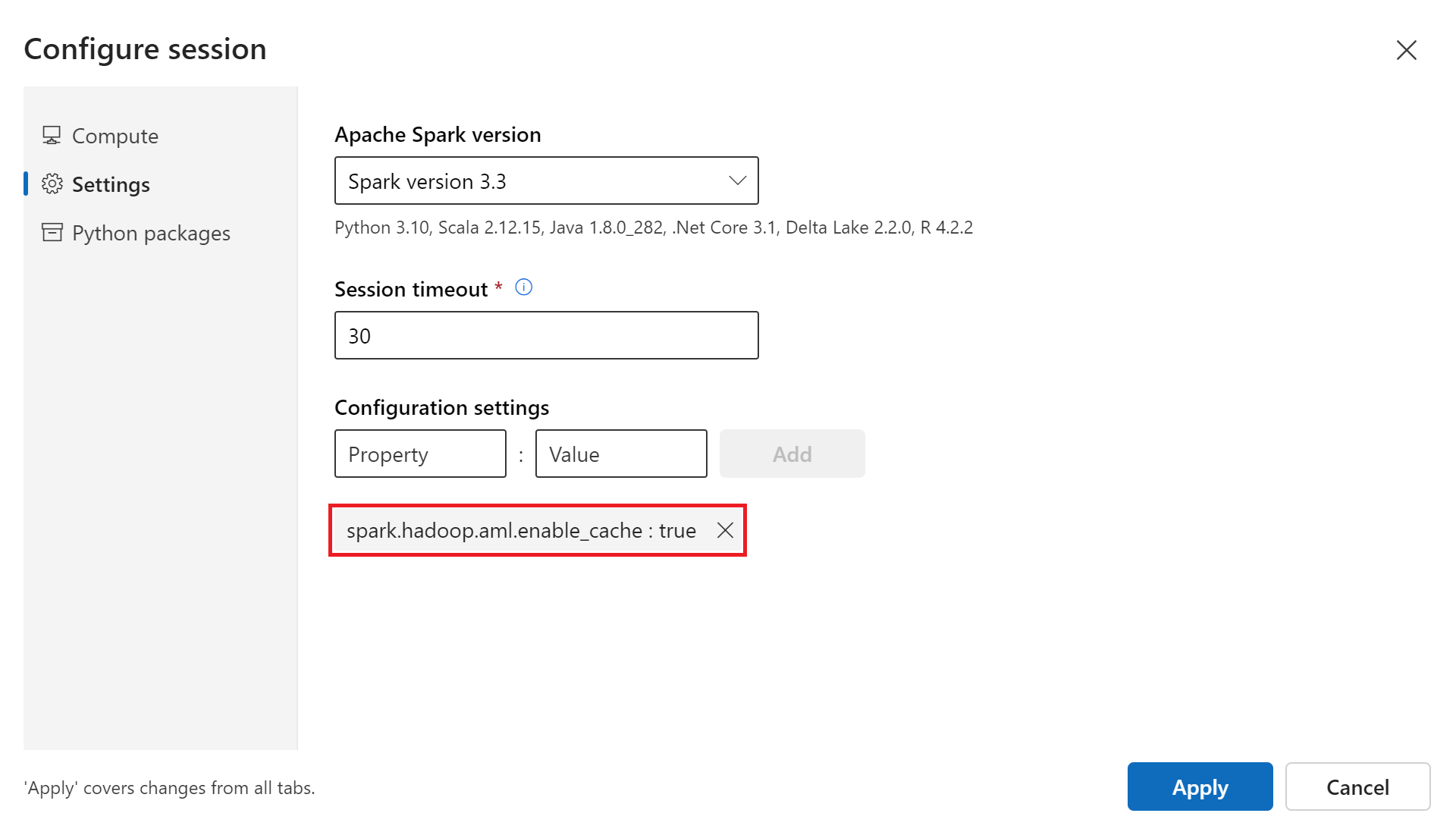 Utökningsbart diagram som visar konfigurationstaggen för Spark-sessionen som aktiverar cacheminnet.