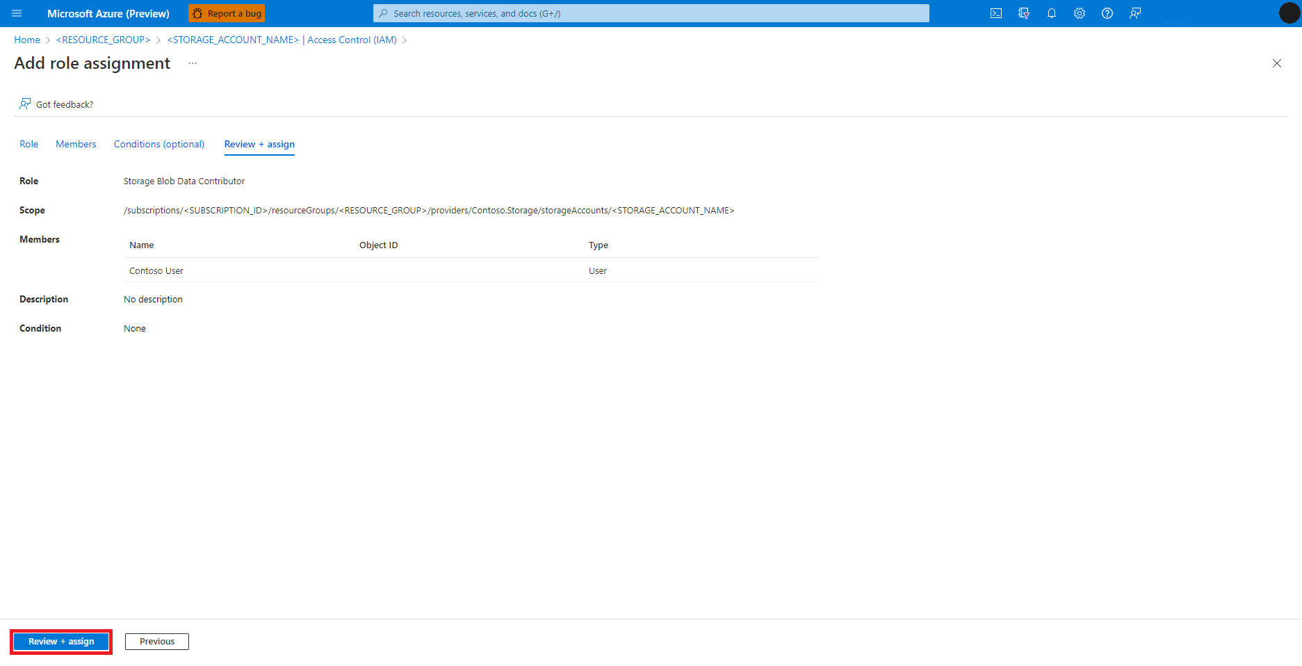 Skärmbild som visar skärmen Granska och tilldela rolltilldelning i Azure.