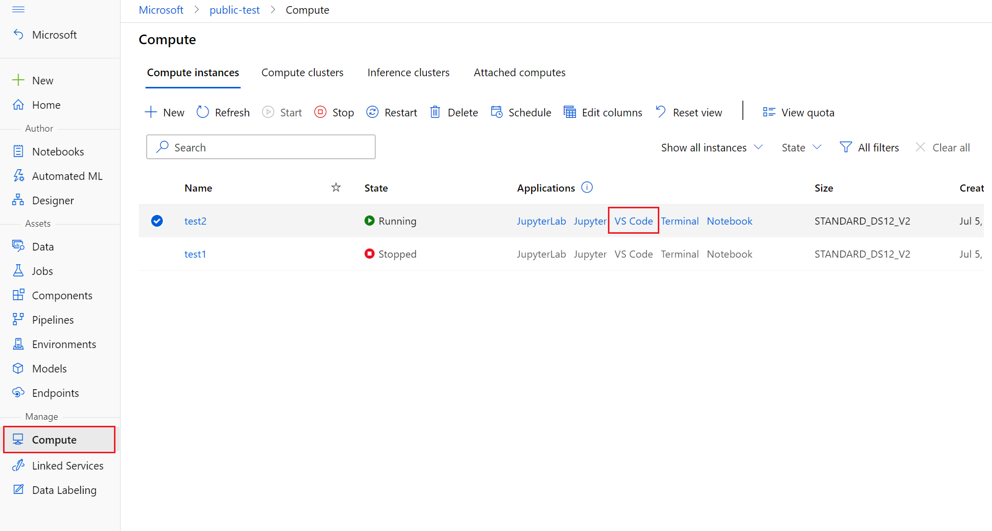 Skärmbild av hur du ansluter till COMPUTE-instansens VS Code-Azure Machine Learning-studio.