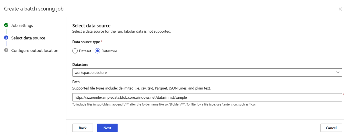 Skärmbild av att välja datalager som indataalternativ.