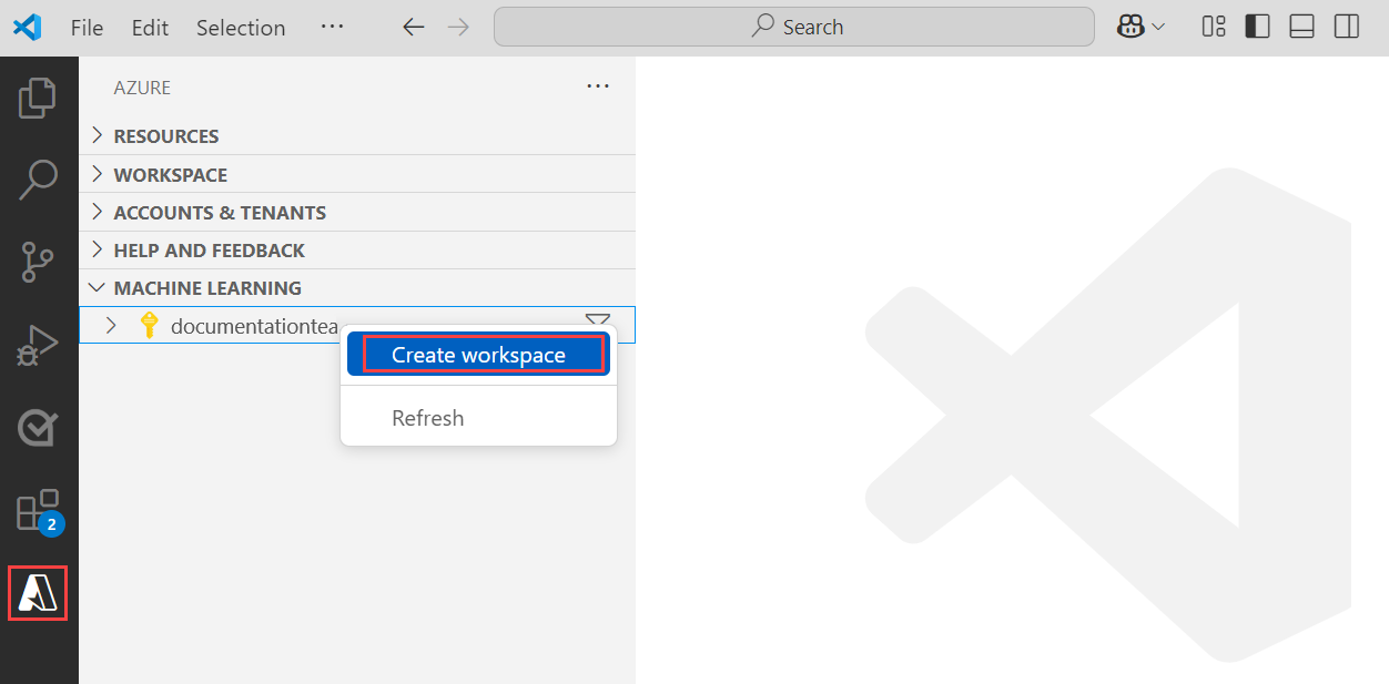 Skärmbild som visar alternativet att skapa en arbetsyta.