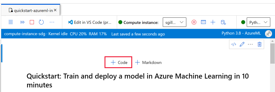 Skärmbild av lägg till kodcell för notebook-fil.