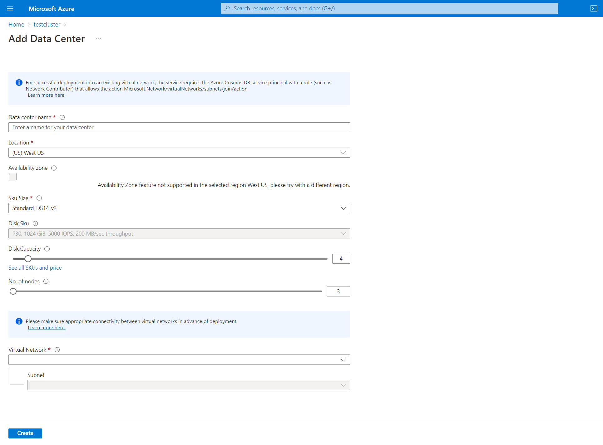 Skärmbild som visar sidan Lägg till datacenter.