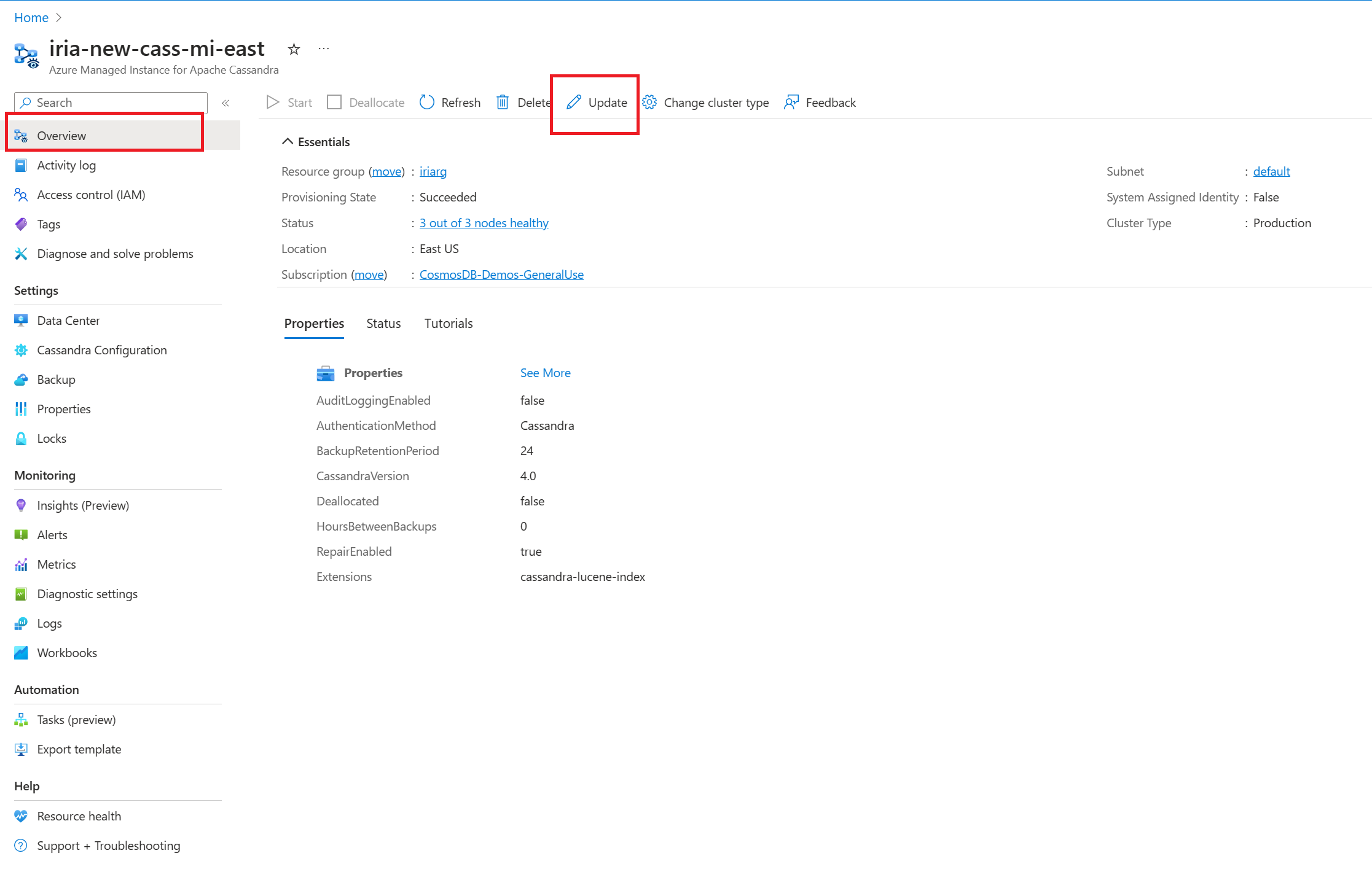 Skärmbild som visar uppdatering av Cassandra-versionen.