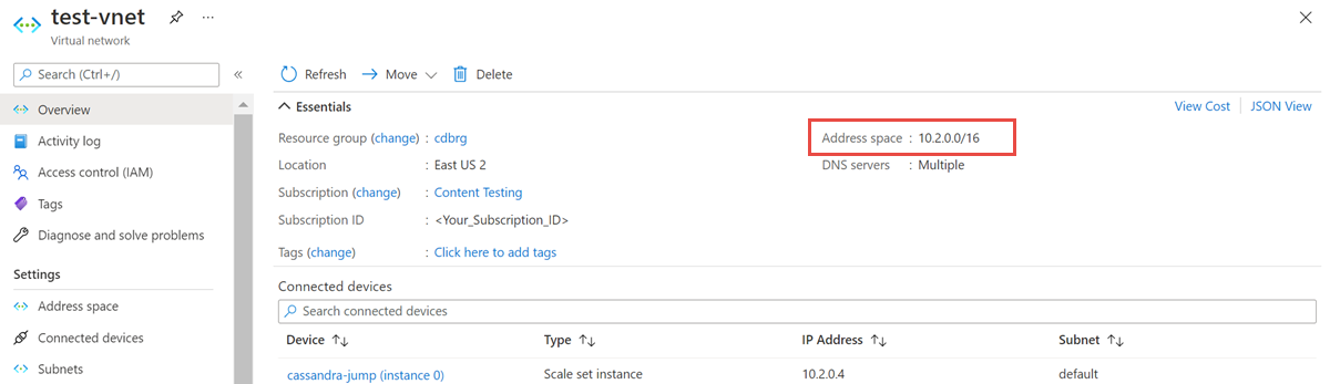 Skärmbild som visar var du kan hämta adressutrymmet för ditt virtuella nätverk.