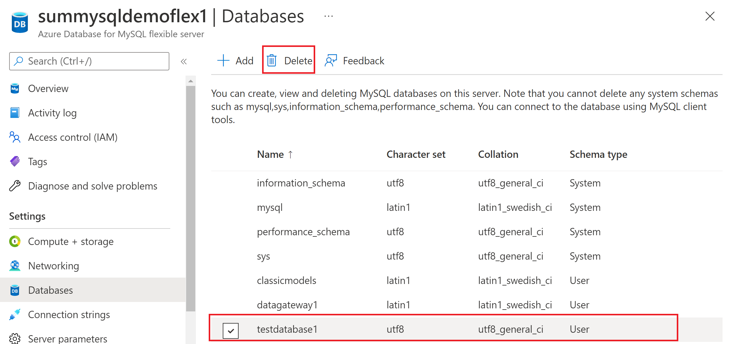 Skärmbild som visar hur du tar bort en databas på Azure Database for MySQL – flexibel server.