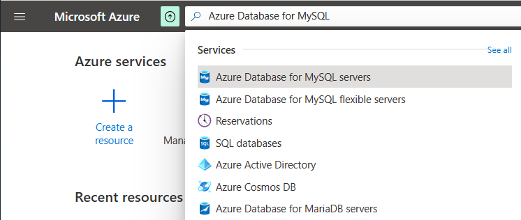 Skärmbild som visar hur du söker efter och väljer en Azure Database for MySQL – flexibel serverinstans i Azure-portalen.