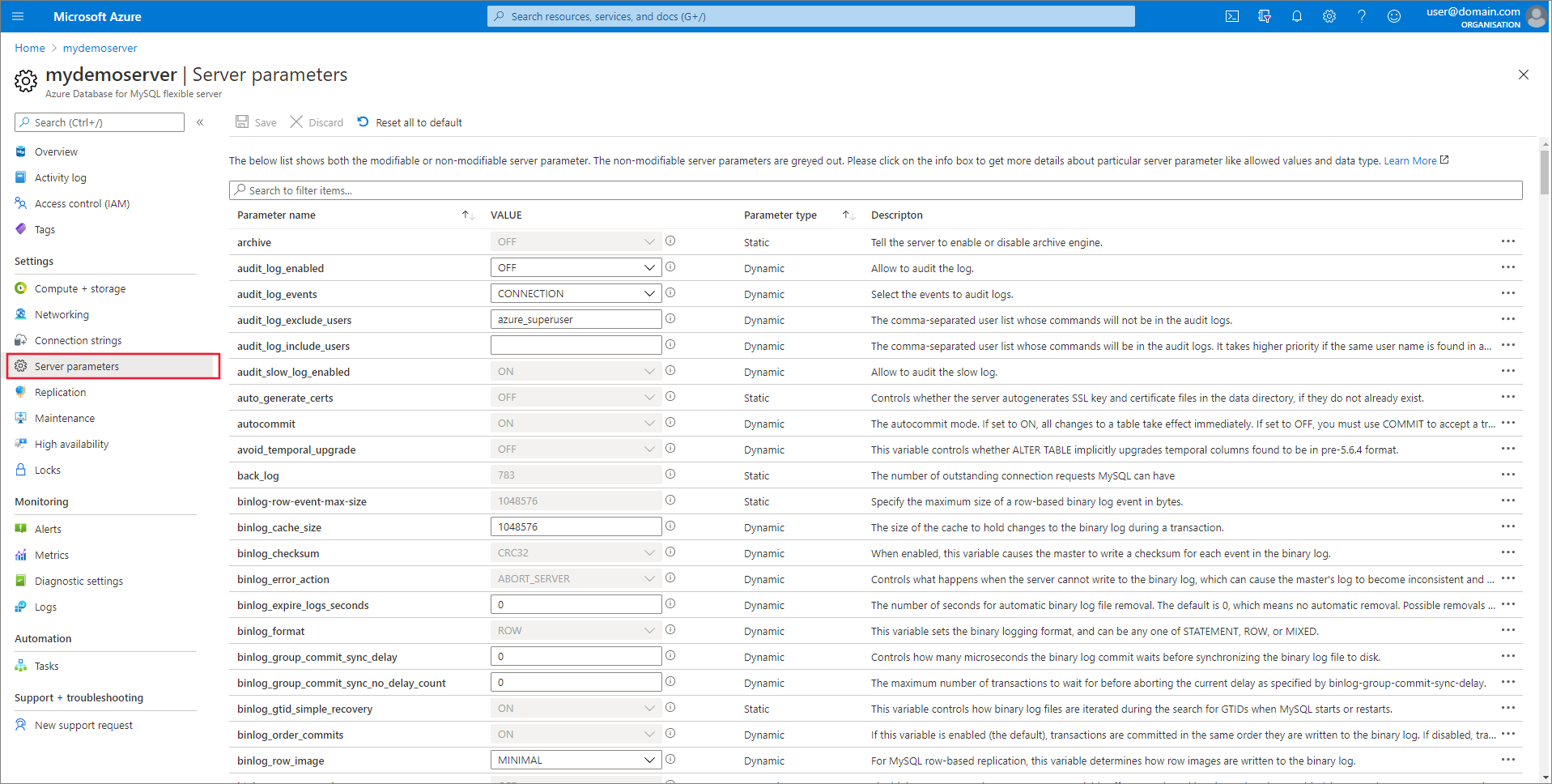 sidan Azure Portal serverparametrar