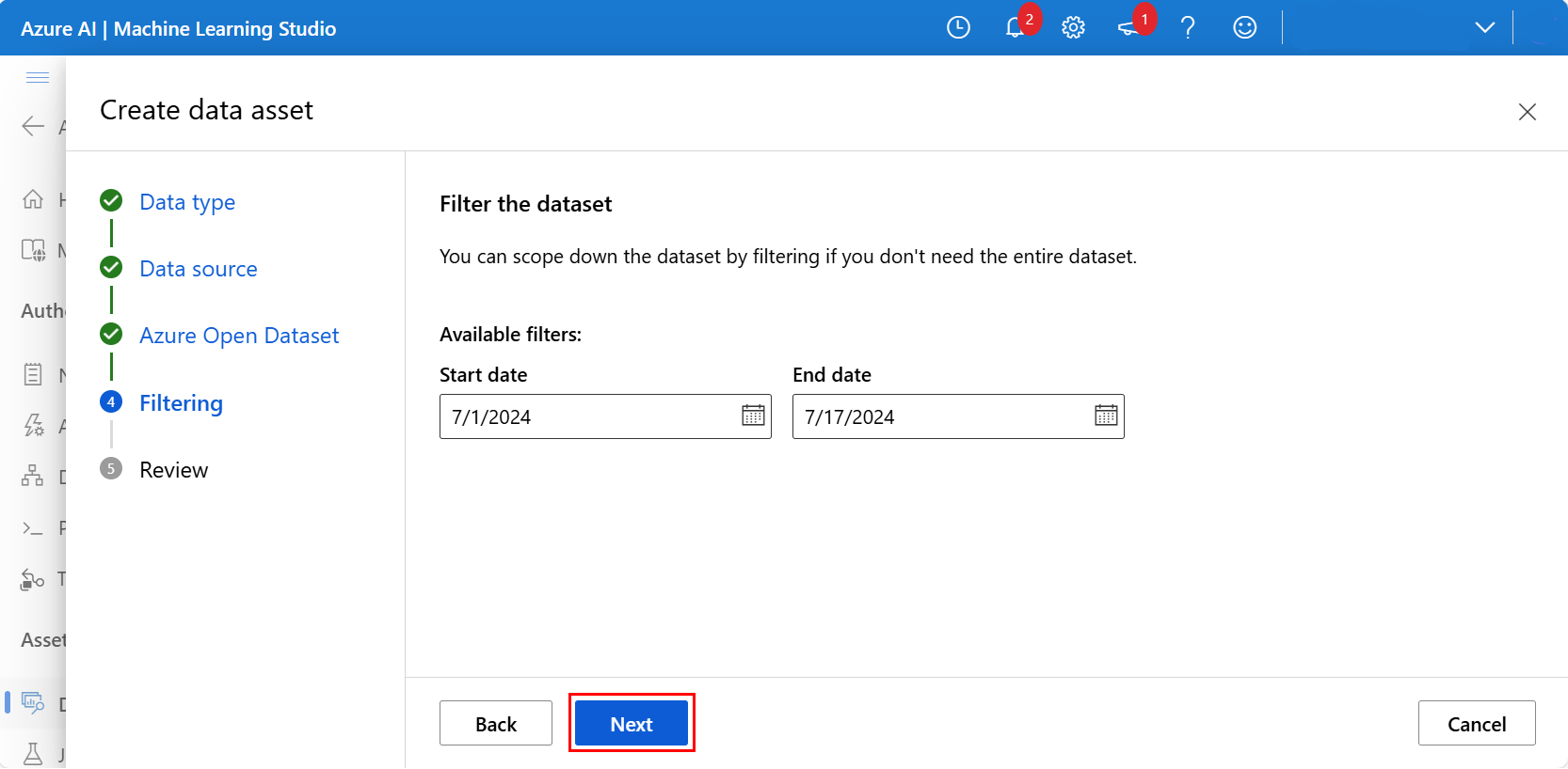 Skärmbild som visar val av filtervärden och val av knappen Nästa.