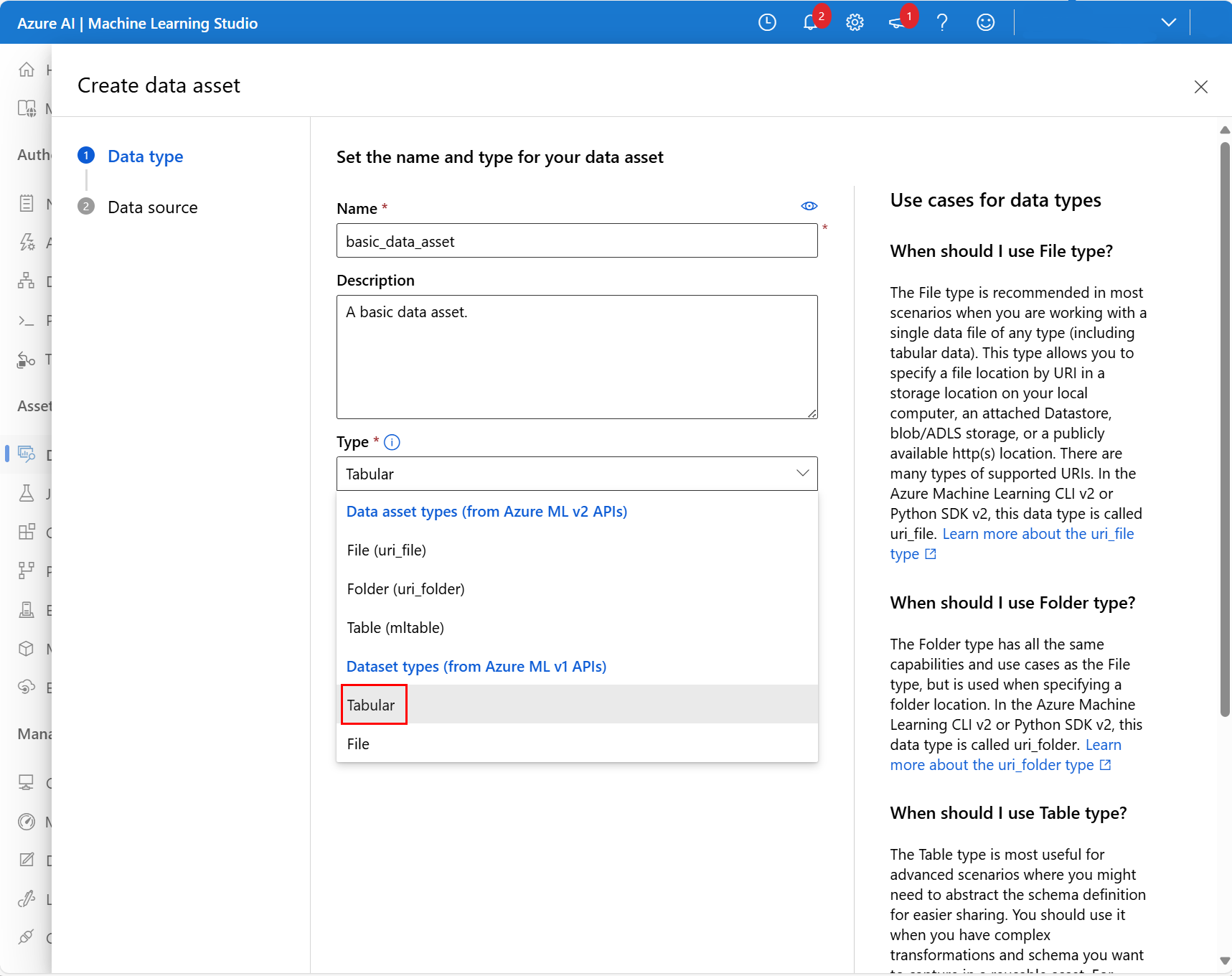 Skärmbild som visar val av tabellalternativet i listrutan Typ.