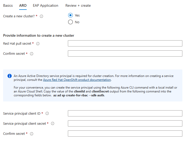 Skärmbild av Azure-portalen som visar fönstret JBoss EAP i Azure Red Hat OpenShift.
