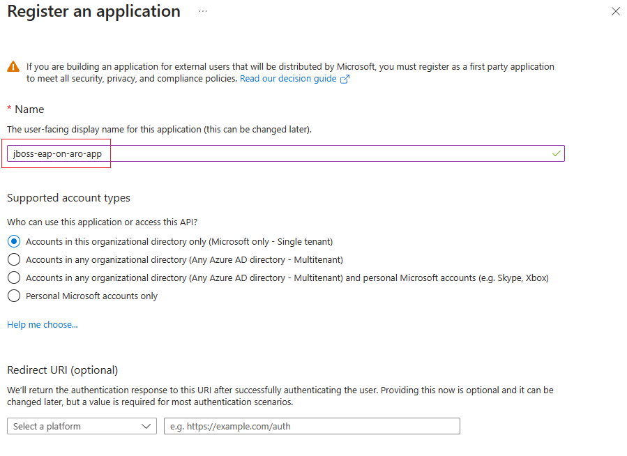 Skärmbild av Azure Portal som visar sidan Registrera ett program.