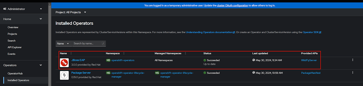 Skärmbild av Red Hat OpenShift-klusterkonsolportalen som visar sidan Installerade operatorer.
