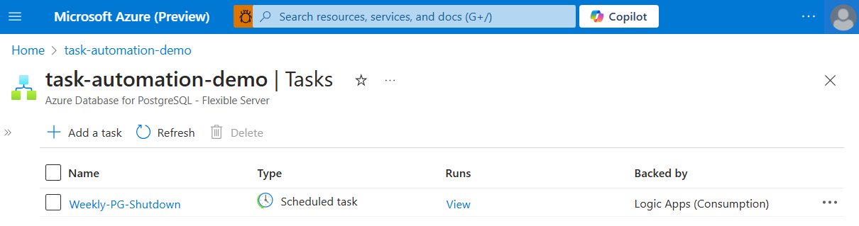 Skärmbild som visar listan med automatiseringsuppgifter.