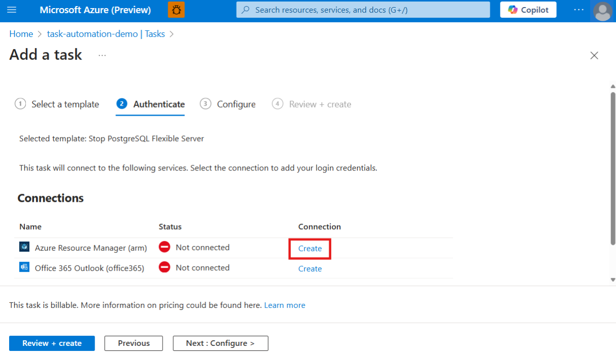 Skärmbild som visar det valda alternativet Skapa för Azure Resource Manager-anslutningen.