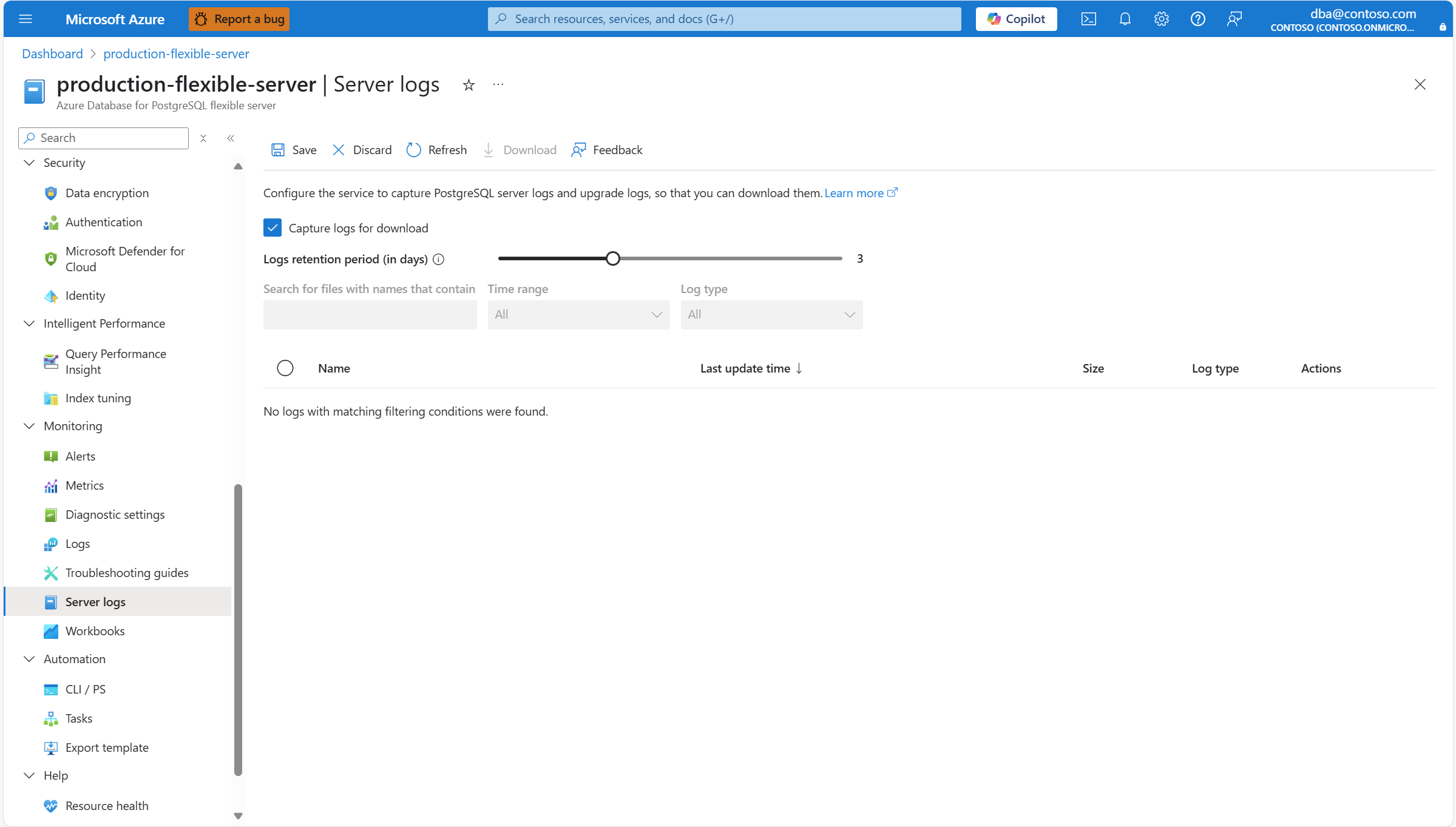 Skärmbild som visar hur du konfigurerar servern för PostgreSQL-serverloggar och större versionsuppgraderingsloggar som ska registreras. Du kan ladda ned insamlade loggfiler för inspektion.